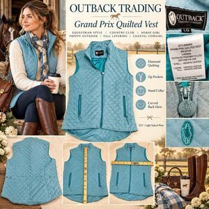 Outback Trading Grand Prix Vest L Sky Blue HTF Discontinued Equestrian Quilted
